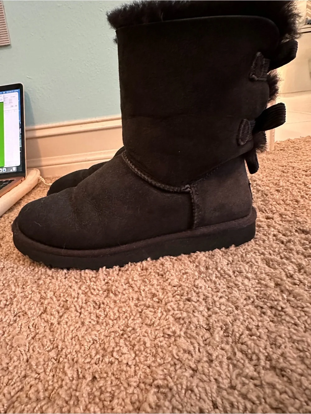 UGG Bailey Bow Tall Black Triple Bow Suede Sheepskin Boots Women’s 7